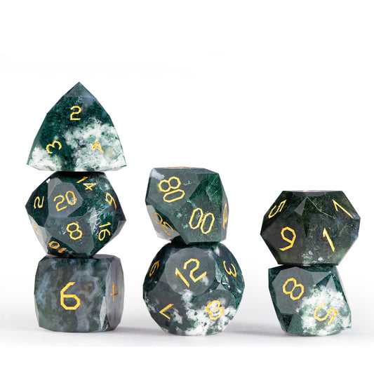 Moss Agate Diamond-Cut 7-Piece Dice Set