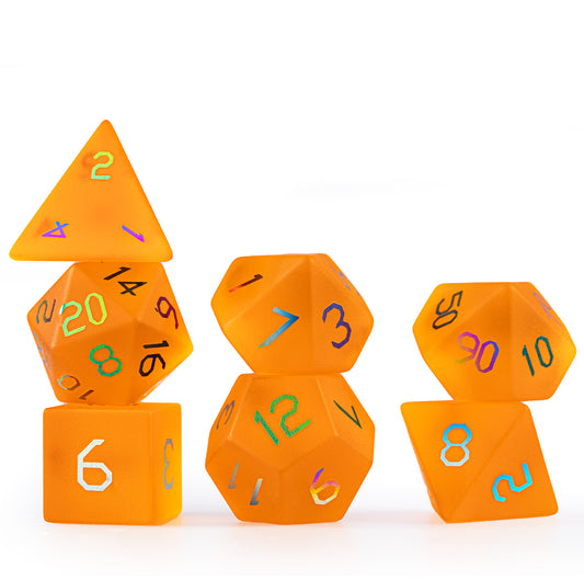Amber Orange Plated Glass 7-Piece Polyhedral Dice Set