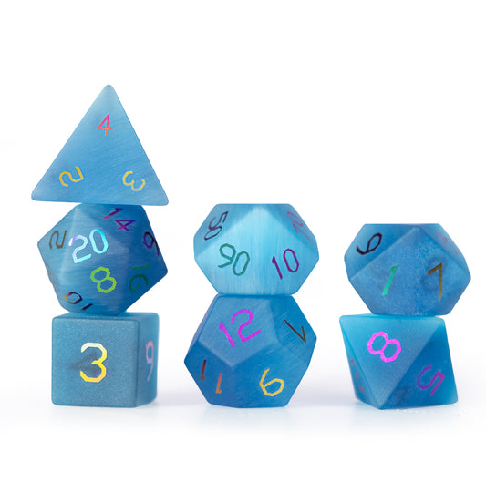 Ocean Blue Cat’s Eye Plated 7-Piece Polyhedral Dice Set