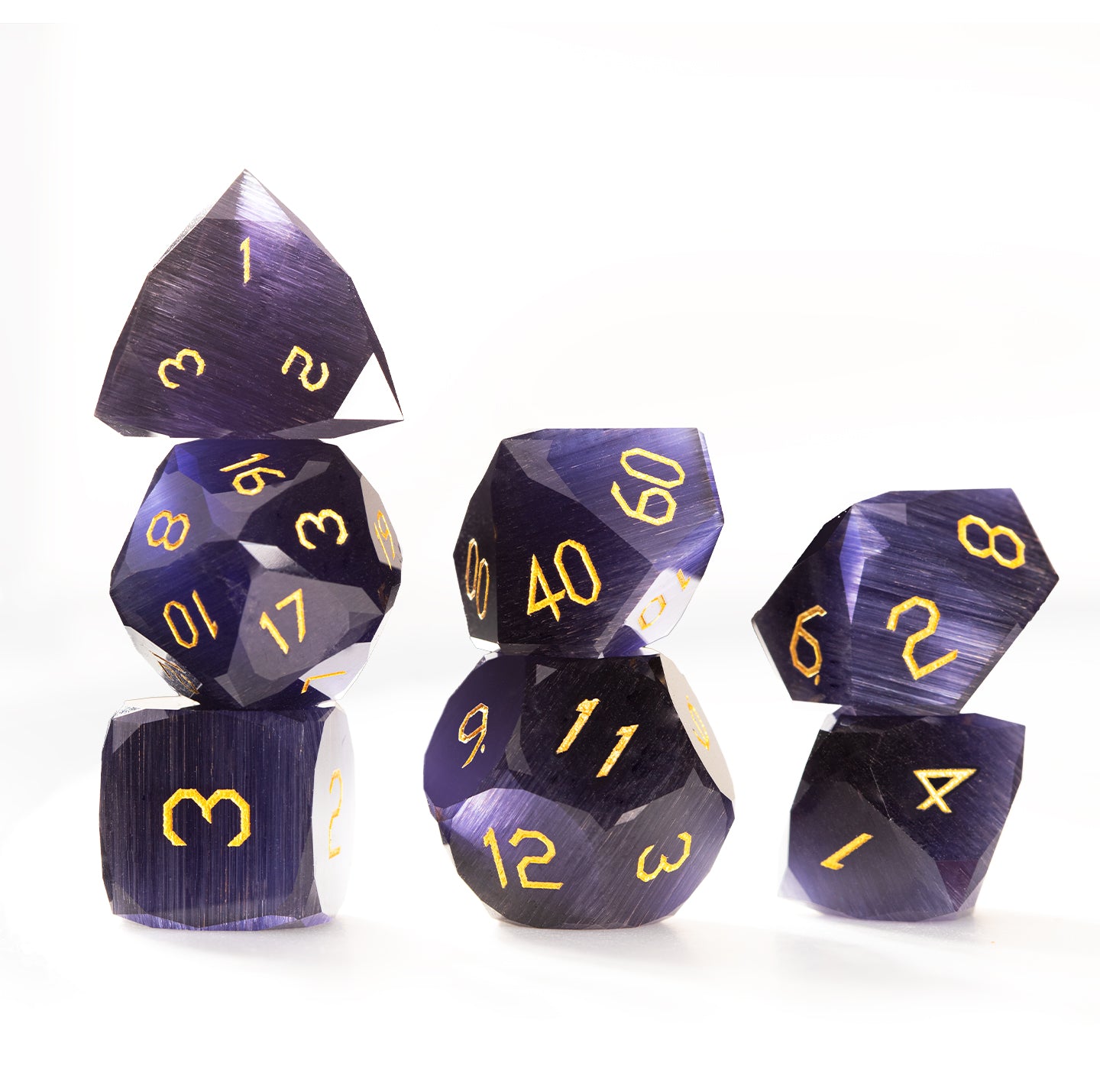 Purple Orchid Cat’s Eye Crystal Diamond-Cut 7-Piece Dice Set