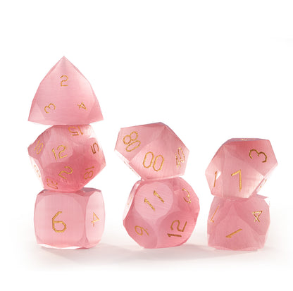 Pink Cat’s Eye Crystal Diamond-Cut 7-Piece Dice Set
