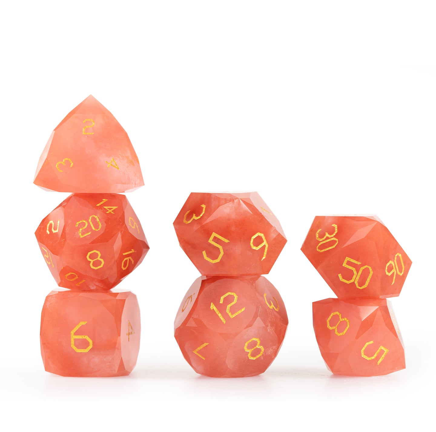 Watermelon Red Raw Stone Diamond-Cut 7-Piece Dice Set