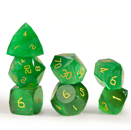 Green Cat’s Eye Crystal Diamond-Cut 7-Piece Dice Set