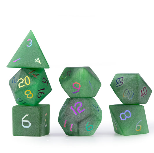 Emerald Cat’s Eye Plated 7-Piece Polyhedral Dice Set
