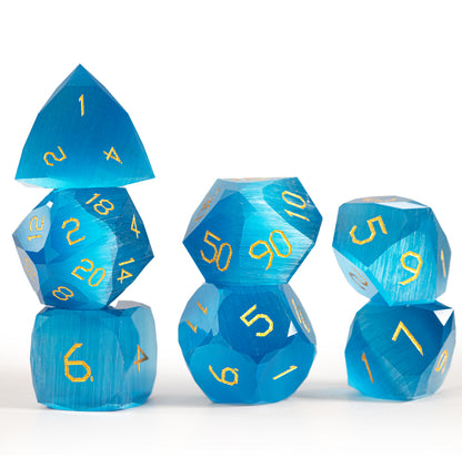 Ocean Blue Cat’s Eye Crystal Diamond-Cut 7-Piece Dice Set