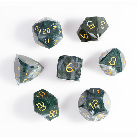 Moss Agate Diamond-Cut 7-Piece Dice Set