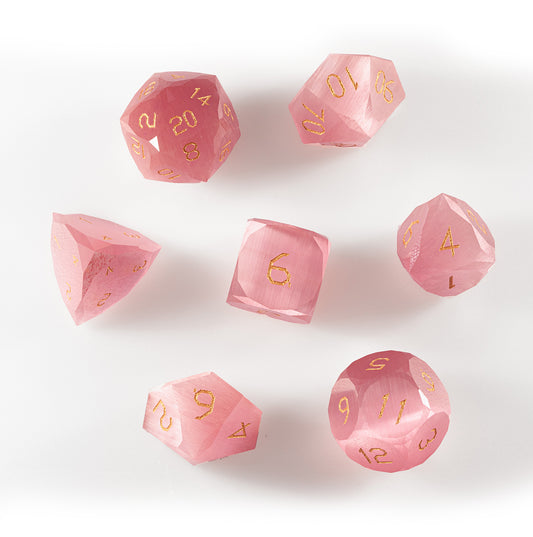 Pink Cat’s Eye Crystal Diamond-Cut 7-Piece Dice Set