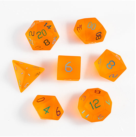 Amber Orange Plated Glass 7-Piece Polyhedral Dice Set