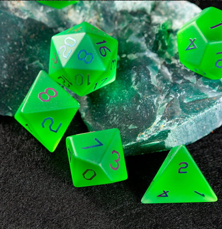 Emerald Green Plated Glass 7-Piece Polyhedral Dice Set