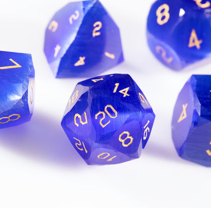 Royal Blue Cat’s Eye Crystal Diamond-Cut 7-Piece Dice Set