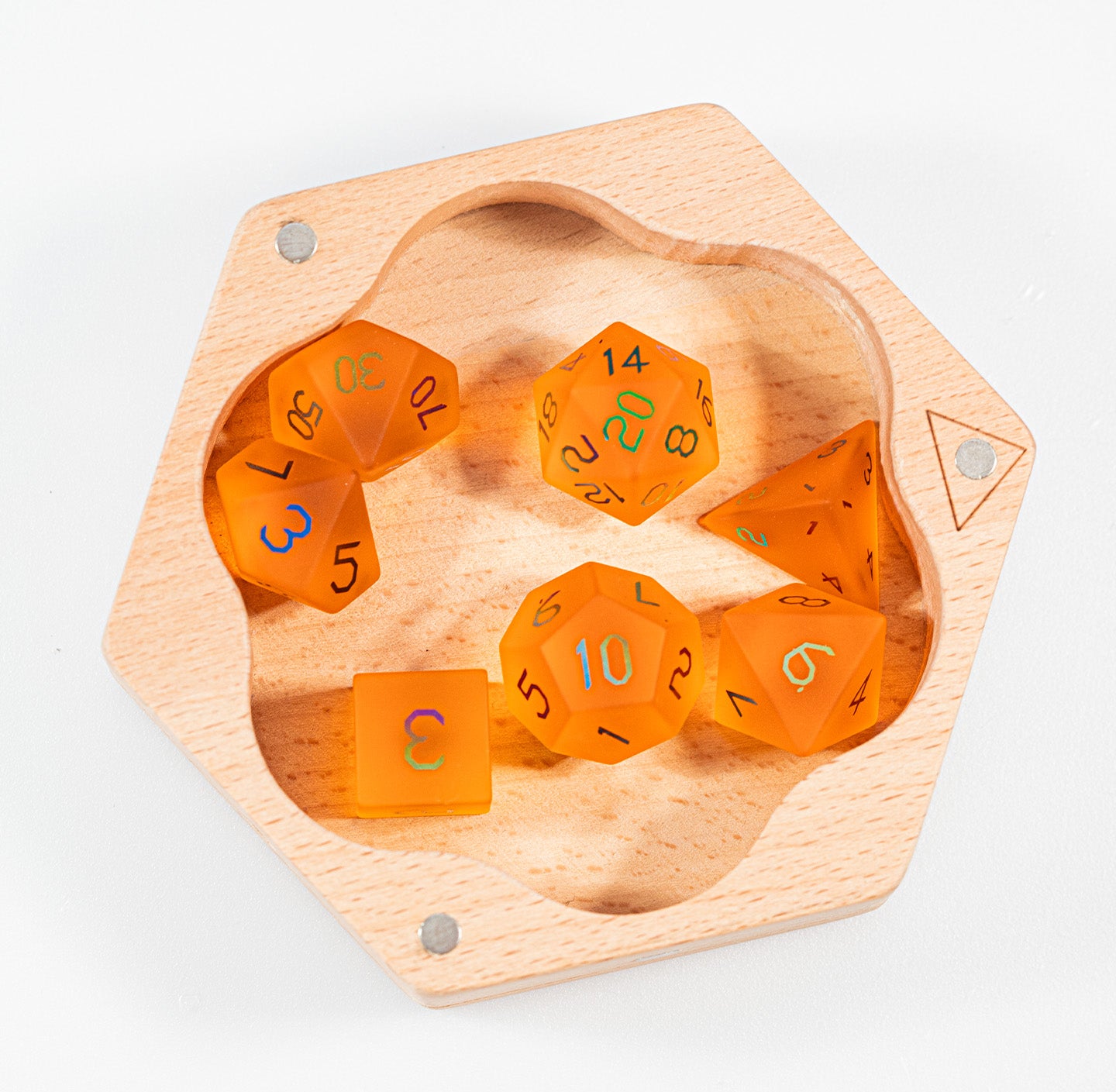 Amber Orange Plated Glass 7-Piece Polyhedral Dice Set