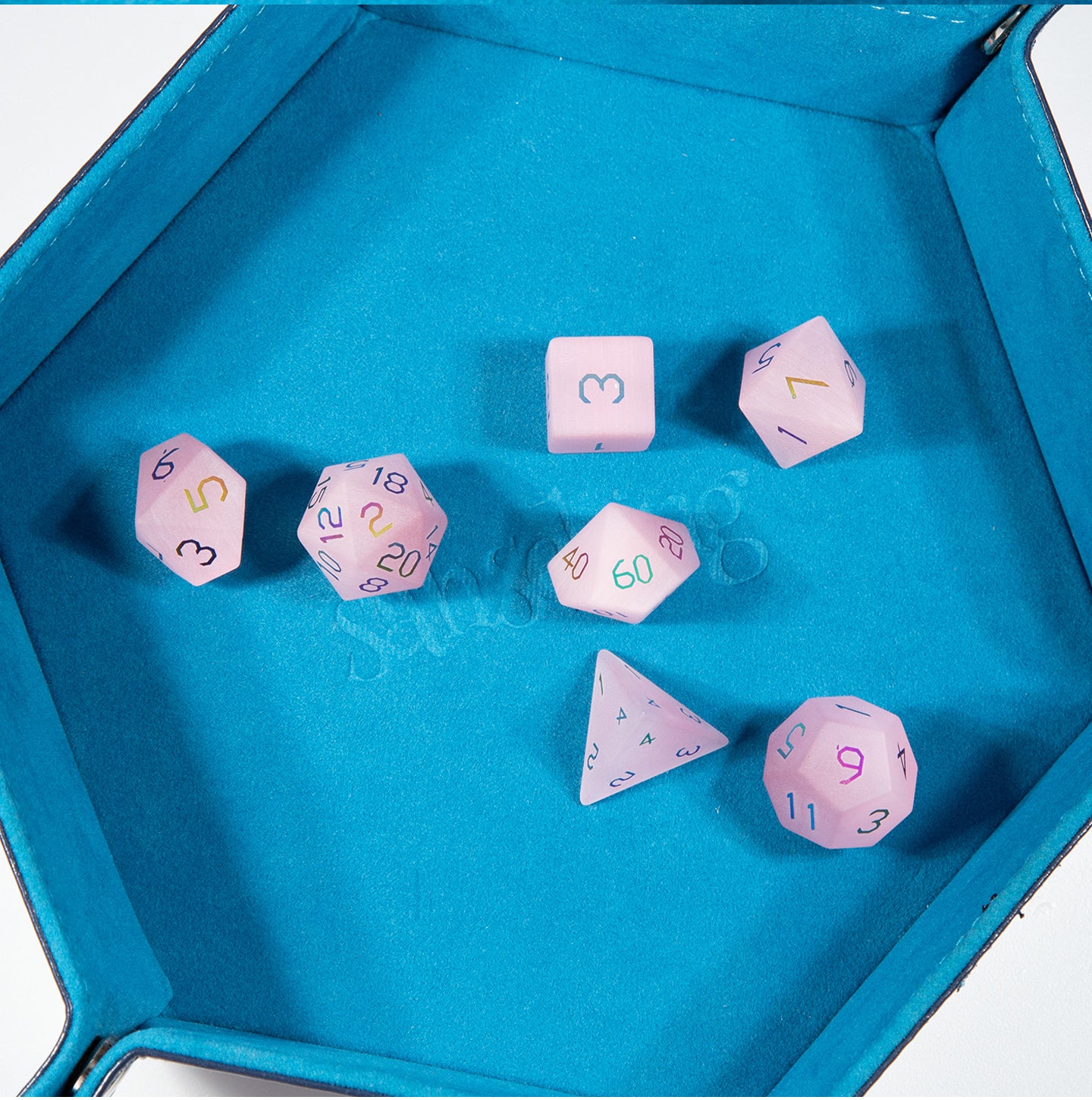 Pink Cat’s Eye Plated 7-Piece Polyhedral Dice Set