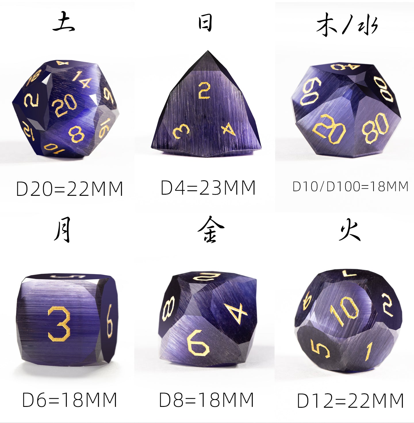 Purple Orchid Cat’s Eye Crystal Diamond-Cut 7-Piece Dice Set