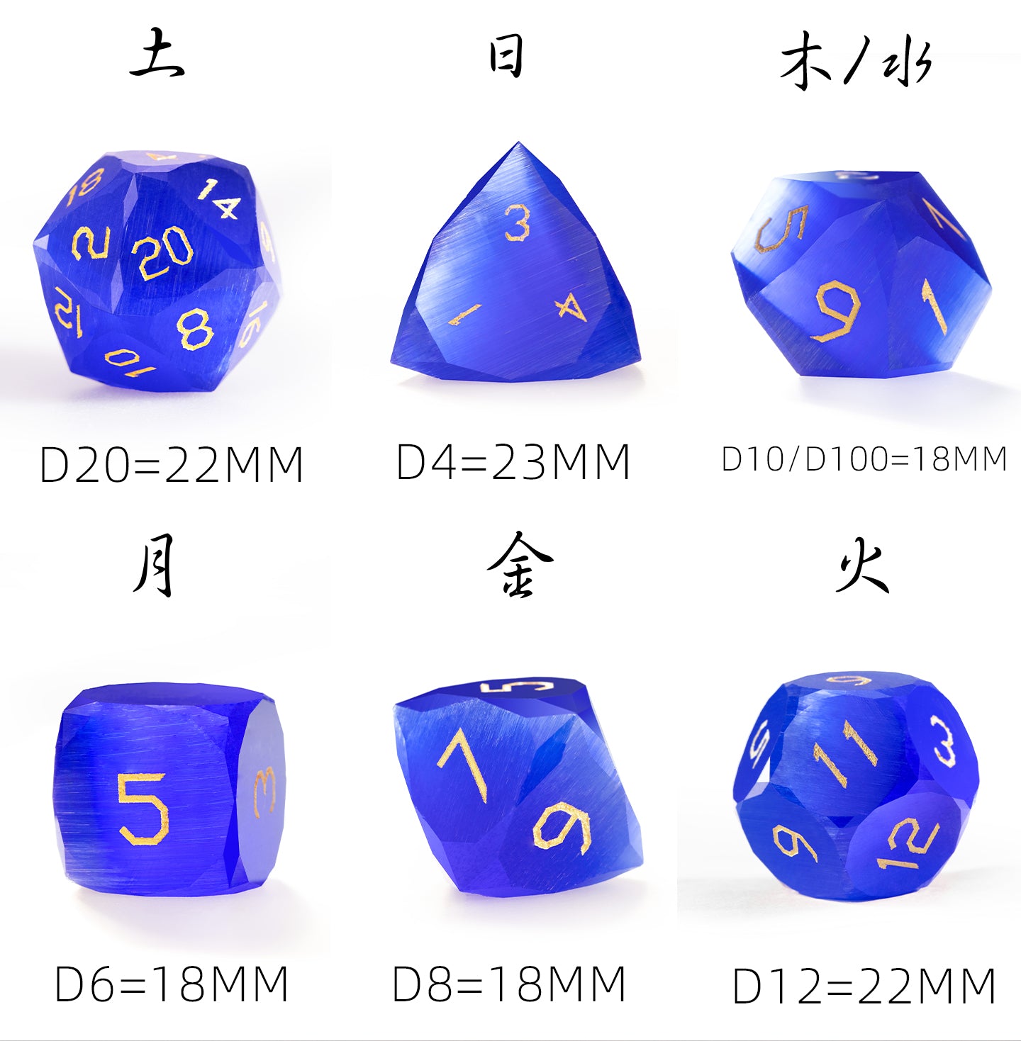 Royal Blue Cat’s Eye Crystal Diamond-Cut 7-Piece Dice Set