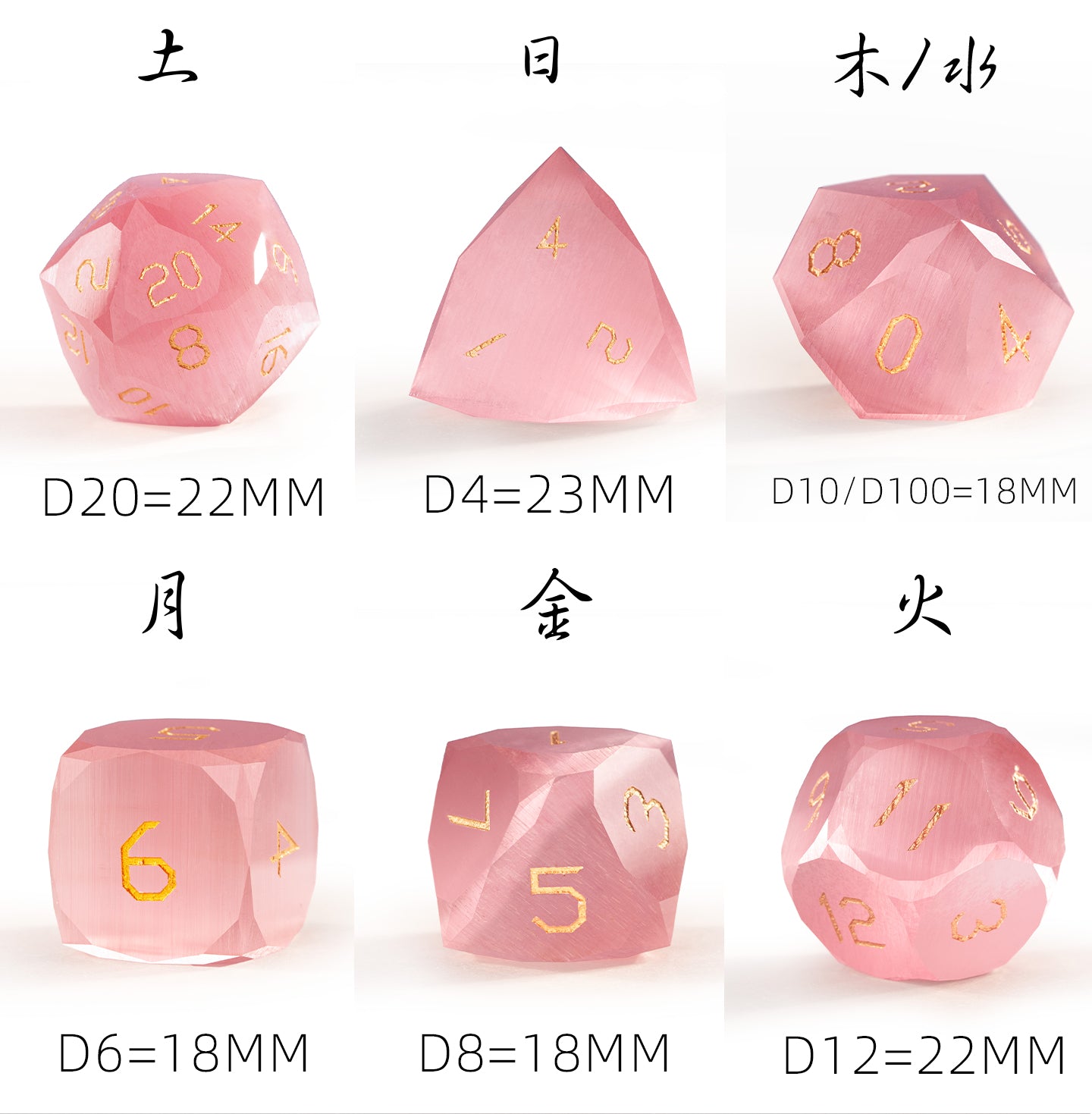 Pink Cat’s Eye Crystal Diamond-Cut 7-Piece Dice Set