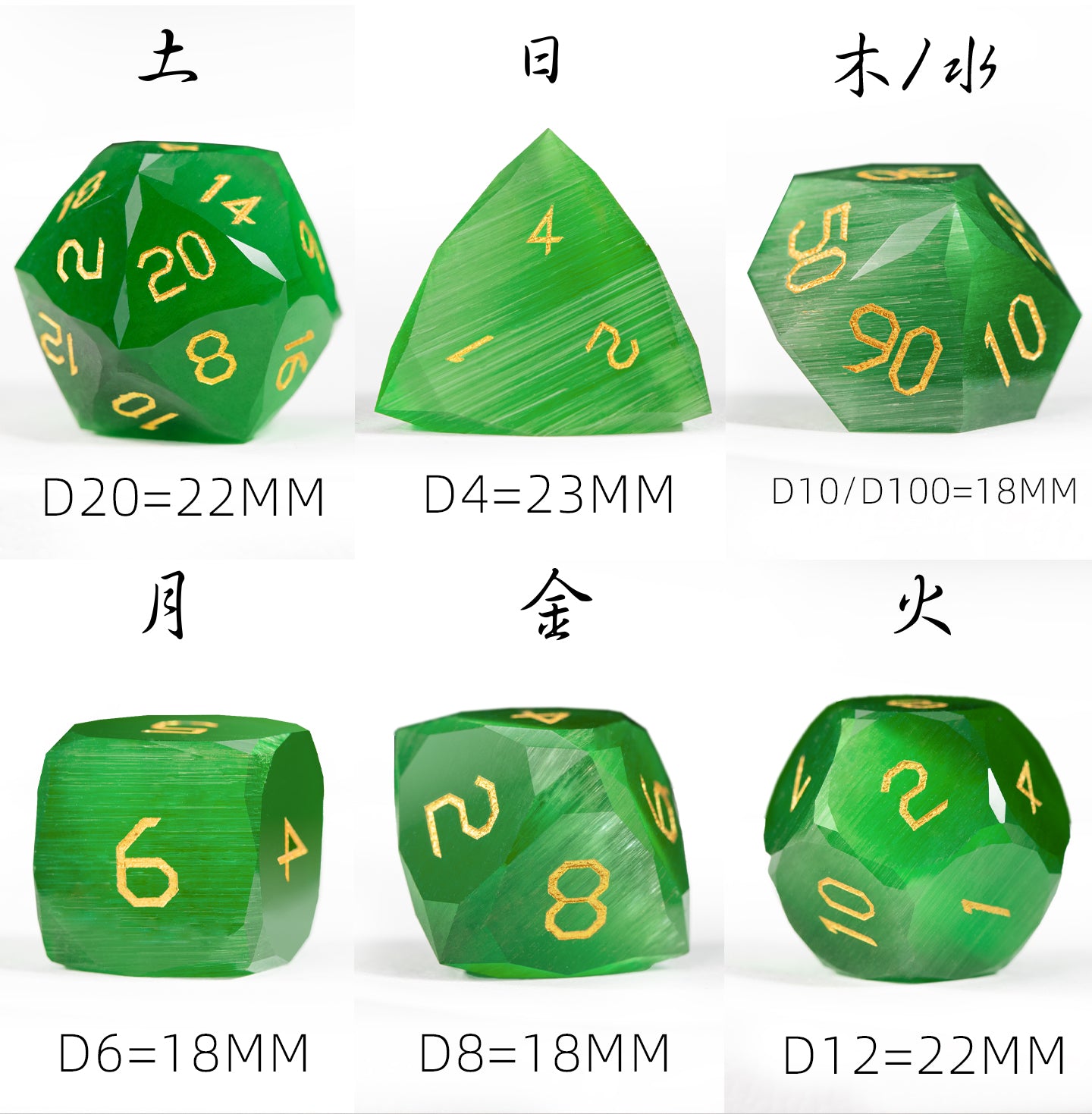 Green Cat’s Eye Crystal Diamond-Cut 7-Piece Dice Set