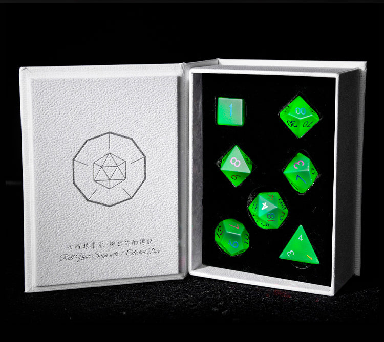 Emerald Green Plated Glass 7-Piece Polyhedral Dice Set