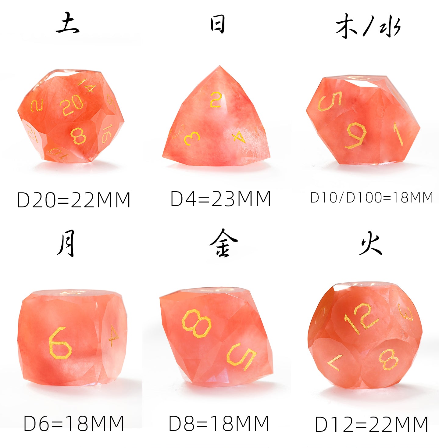Watermelon Red Raw Stone Diamond-Cut 7-Piece Dice Set