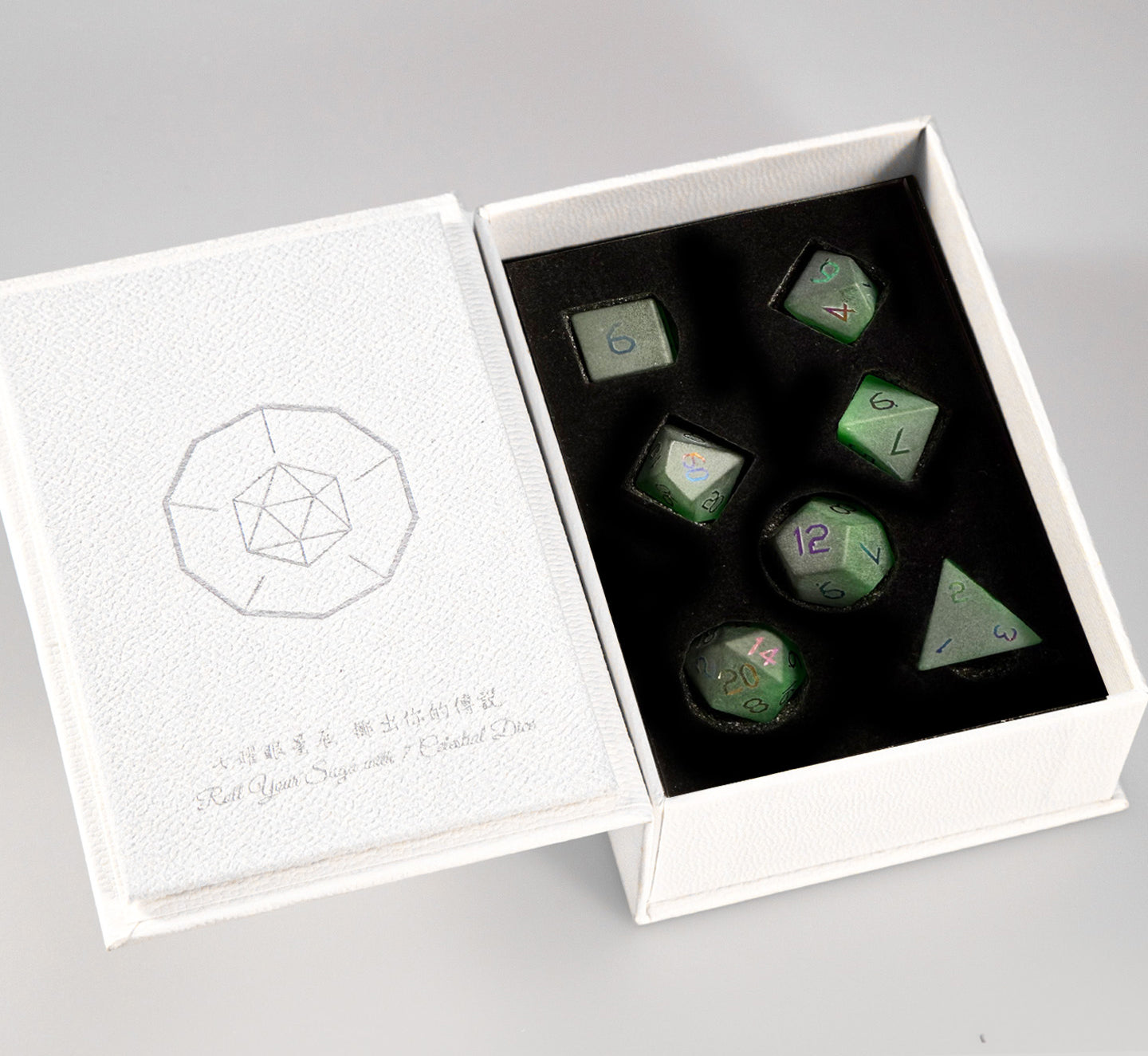 Emerald Cat’s Eye Plated 7-Piece Polyhedral Dice Set