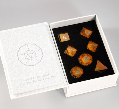 Amber Orange Plated Glass 7-Piece Polyhedral Dice Set