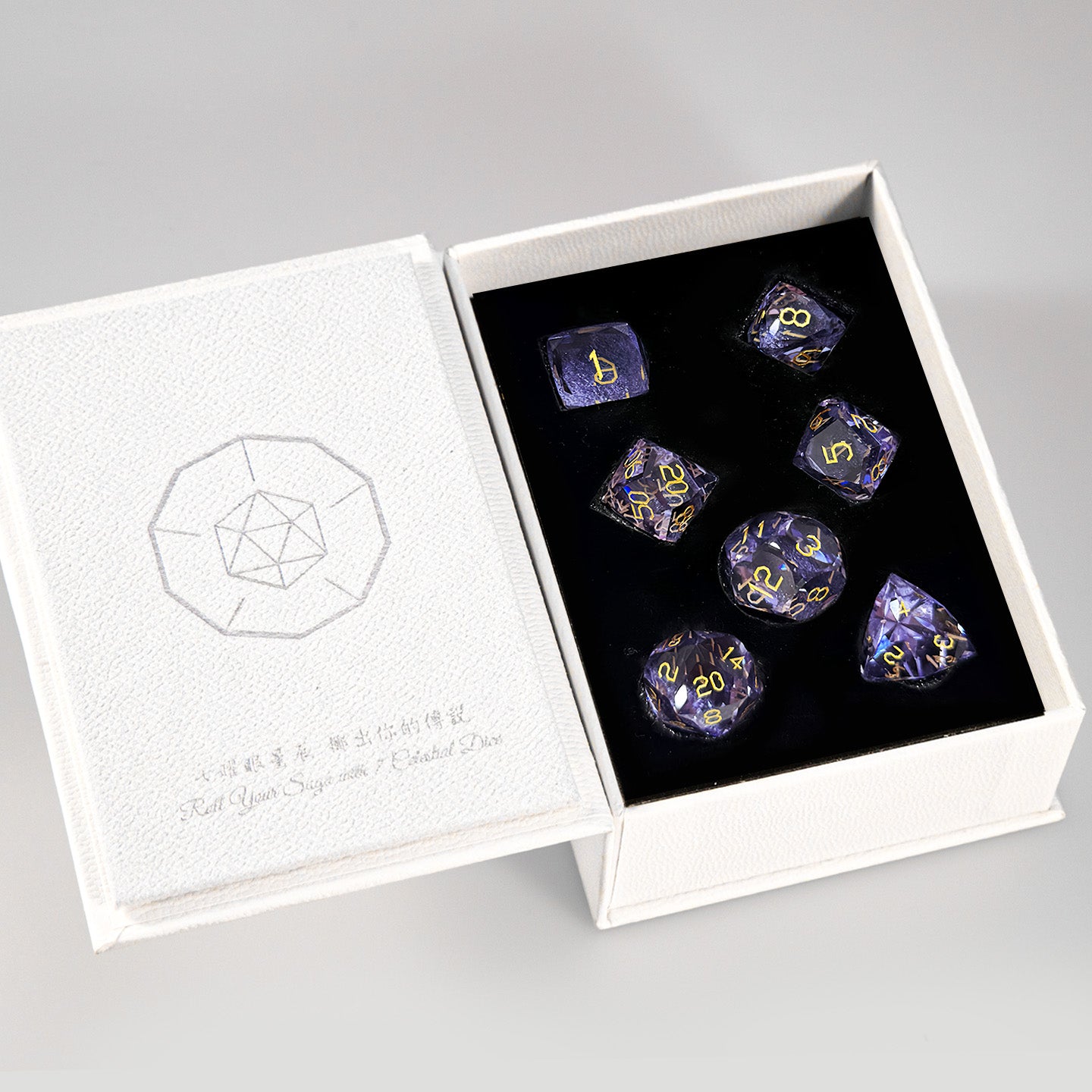Amethyst Glass Diamond-Cut 7-Piece Dice Set