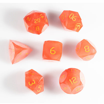 Watermelon Red Raw Stone Diamond-Cut 7-Piece Dice Set