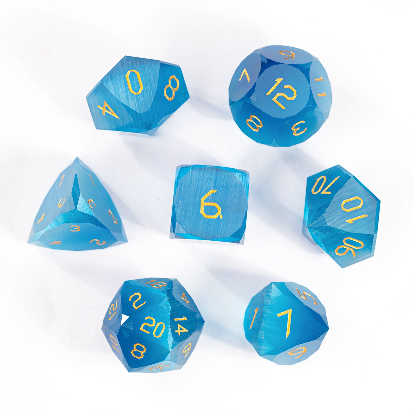 Ocean Blue Cat’s Eye Crystal Diamond-Cut 7-Piece Dice Set