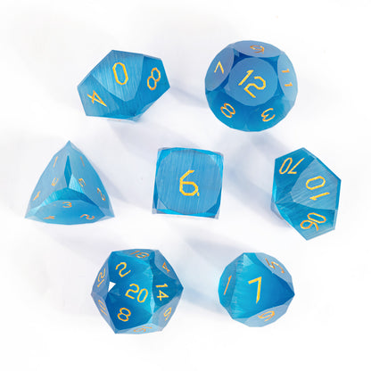 Ocean Blue Cat’s Eye Crystal Diamond-Cut 7-Piece Dice Set