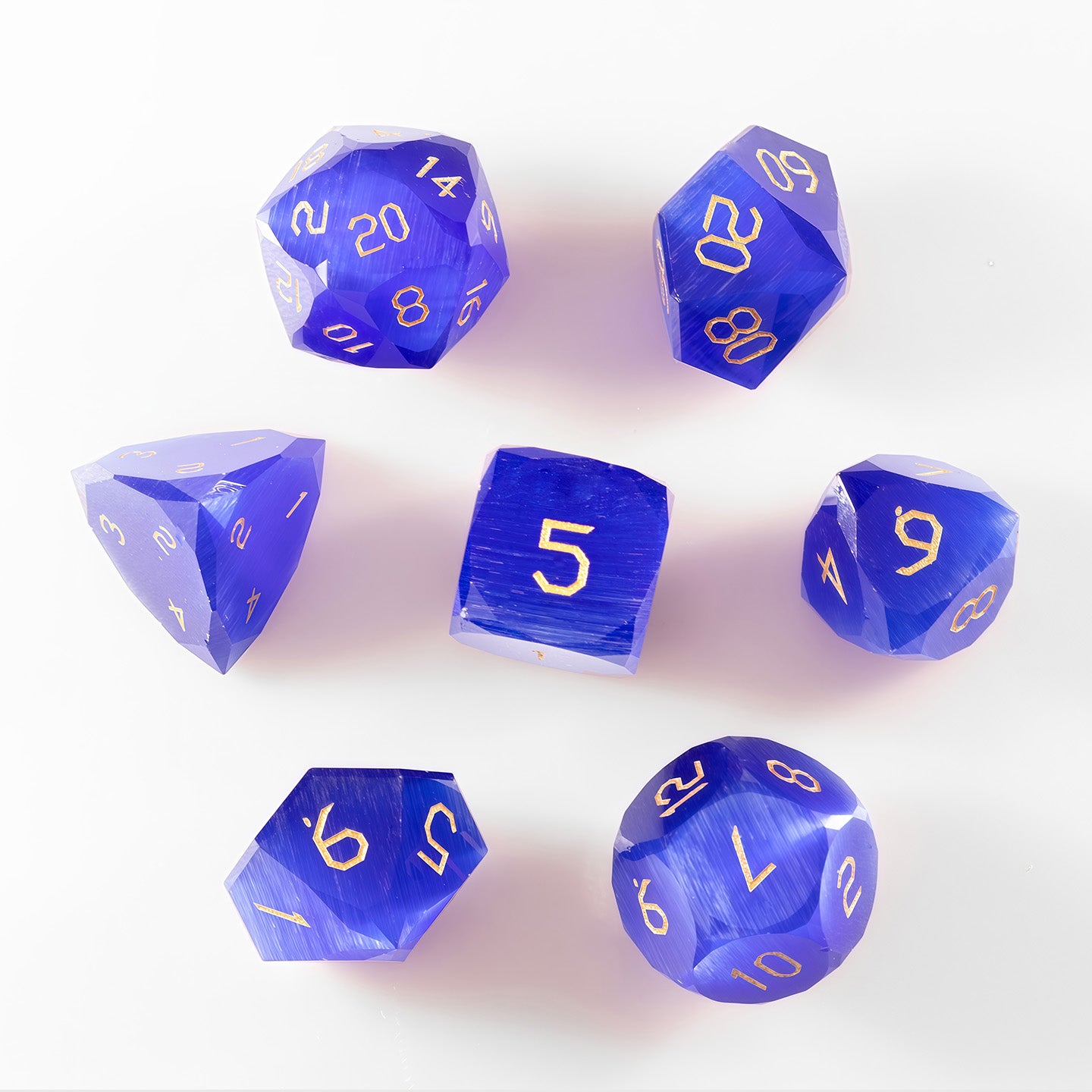 Royal Blue Cat’s Eye Crystal Diamond-Cut 7-Piece Dice Set