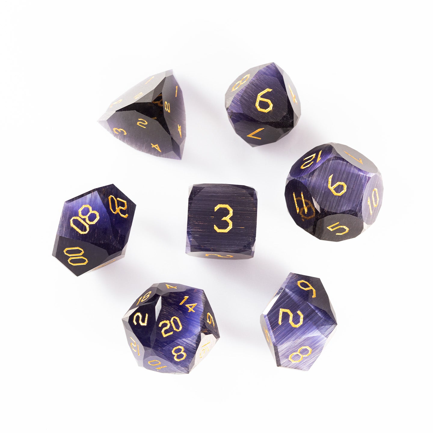 Purple Orchid Cat’s Eye Crystal Diamond-Cut 7-Piece Dice Set